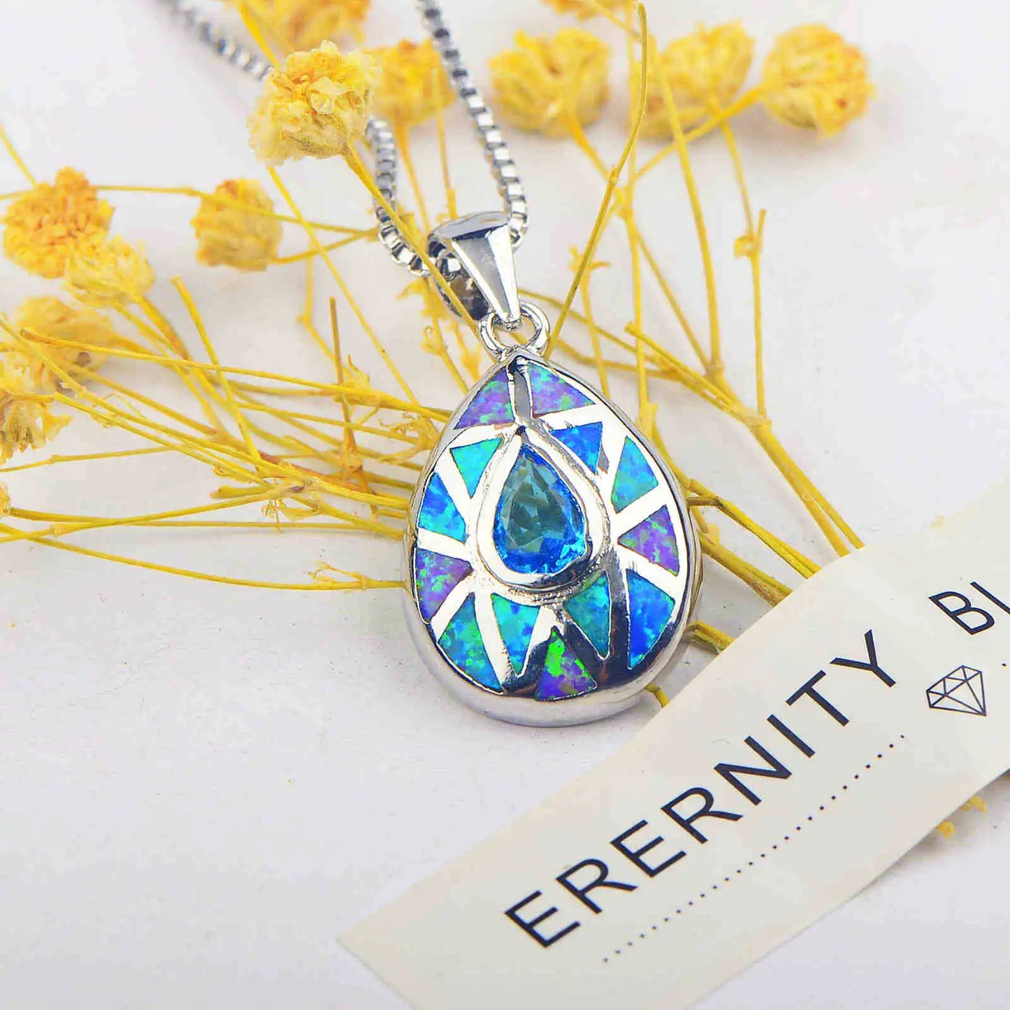 Aobao Christian Copper Link Chain Silver Plated Water Drop Necklace Colorful Patchwork Heart Pendant Inlaid Opal Wholesale