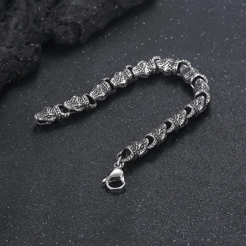 REBEL 220mm Men Punk Silver/Gold Stainless Steel Snake Head Links Bracelet