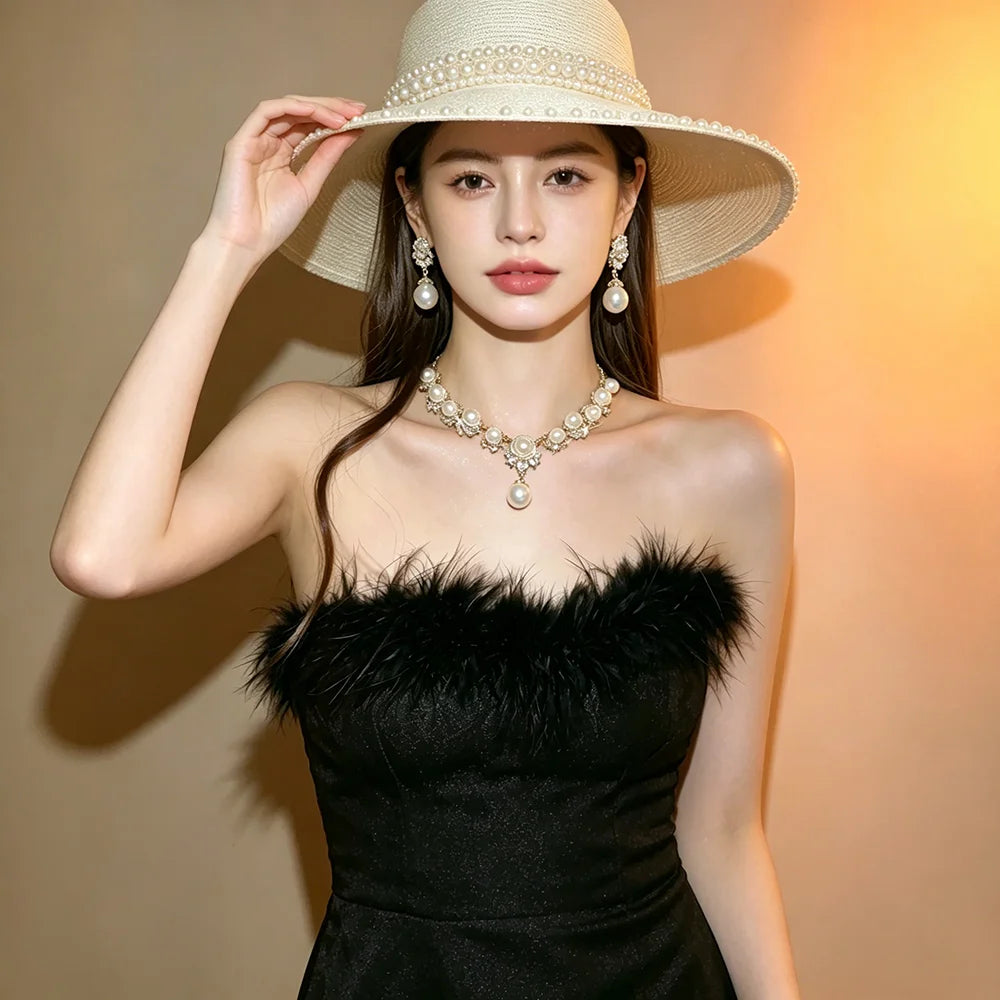XM S387 Gold Plated White Pearl & Zircon Crystal Teardrop Pendant Necklace & Drop Earrings Set