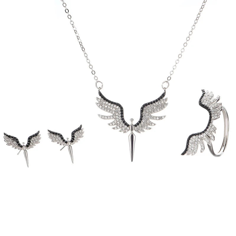 Copper Plated Angel Wings Jewelry Set for Women Full Inlaid Zircon Pendant Necklace Earrings Ring for Parties