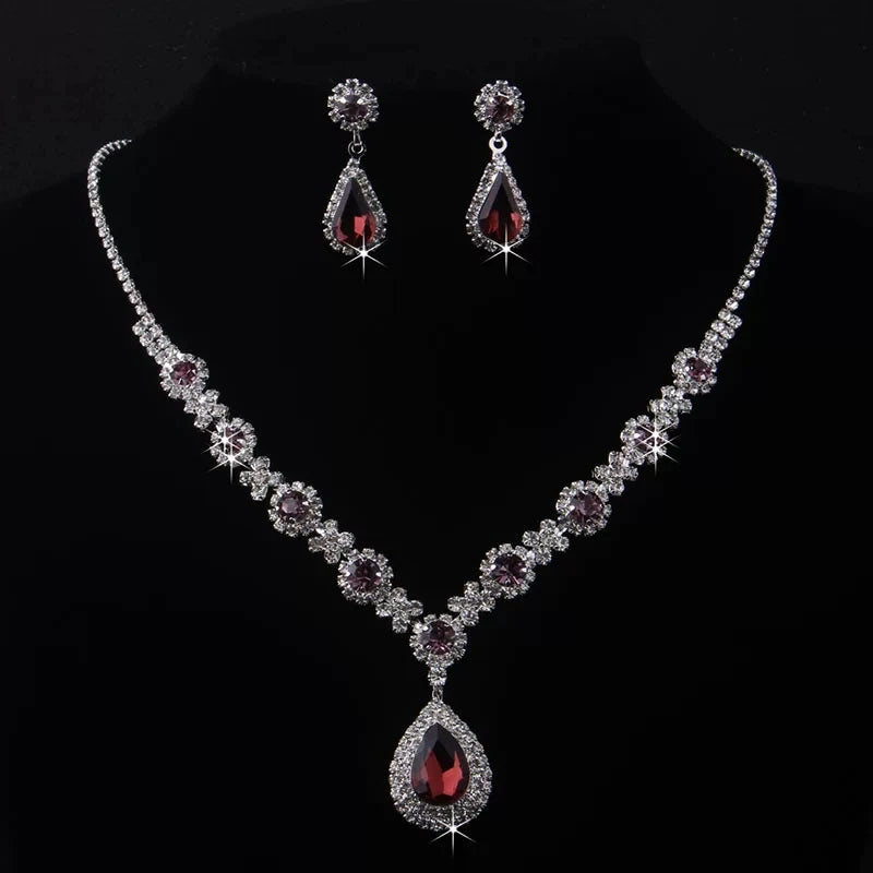 XM S376 Silver Plated Princess Cut Zircon Floral Teardrop Pendant Necklace & Drop Earrings Set