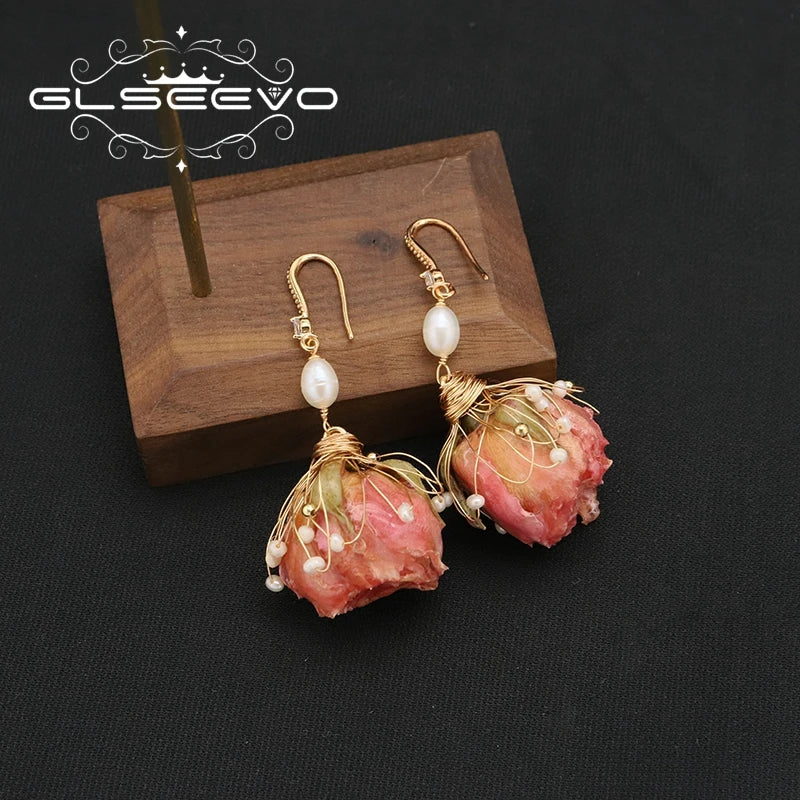 Freshwater Pearl Pink Rose Zircon Flower Drop Earrings Fashion Beautiful Elegant Earrings Jewelry for Girlfriend Gift
