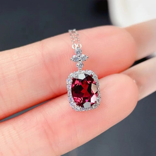 Natural Garnet Pendant Necklace 925 Sterling Silver Rhodium Plated Luxury Jewelry for Trendy Engagement Anniversary Party Gifts