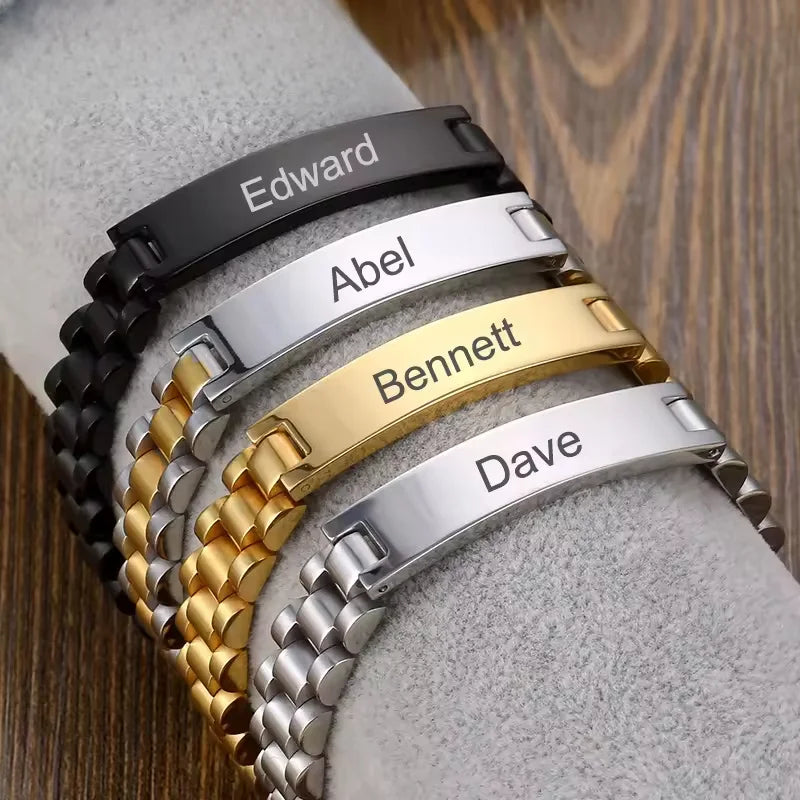 REBEL TD Hot Selling Custom Engraved ID Bar Bracelet, Waterproof Stainless Steel Watch Band Bracelet for Men