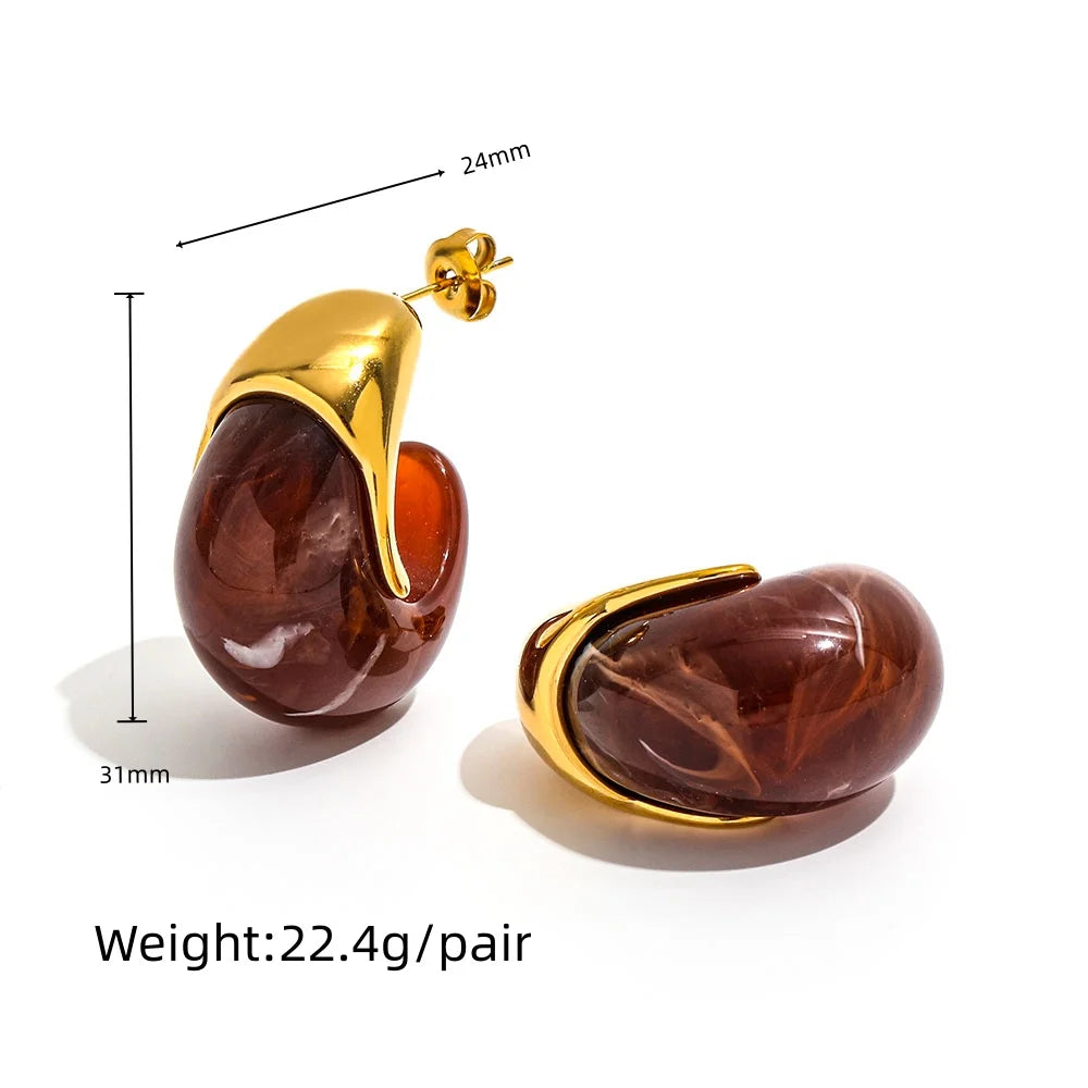 Joolim PVD Plated Wholesale Waterproof Chunky Vintage Marble Pattern Resin Pear C Shape Hoop Earring Stainless Steel Jewelry
