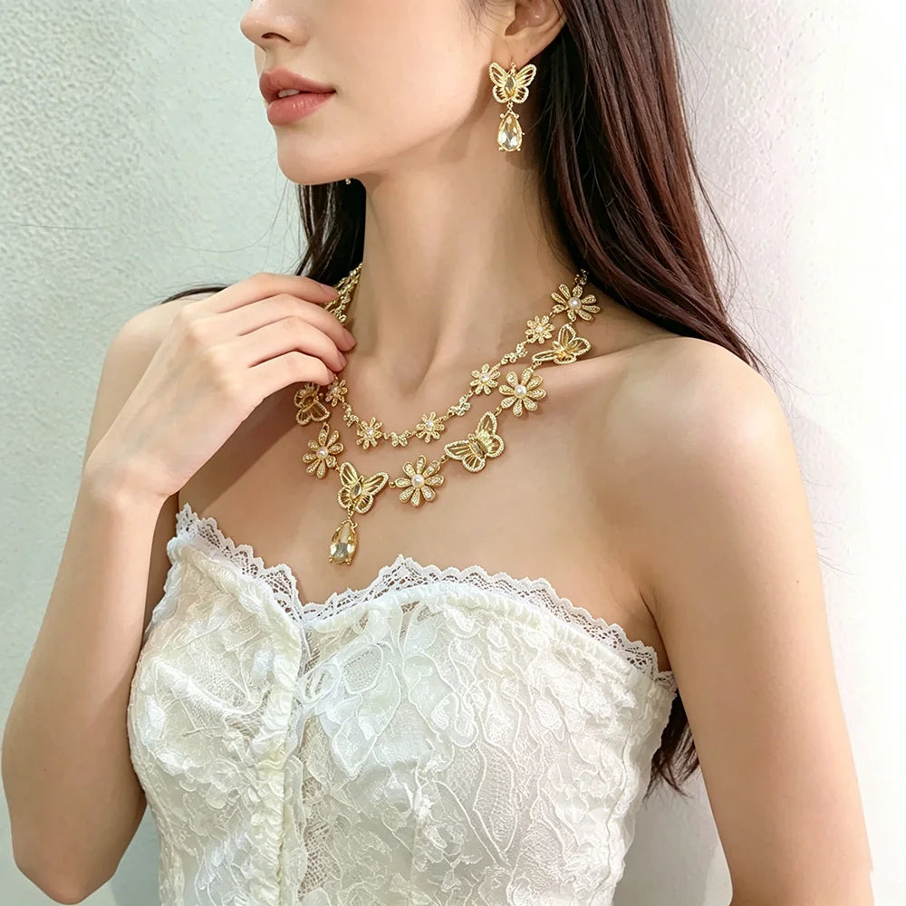 Luxury Princess-Cut Zirconia Pearl & Crystal Butterfly Floral Necklace & Earrings Bridal Set — Platinum Plated Gold