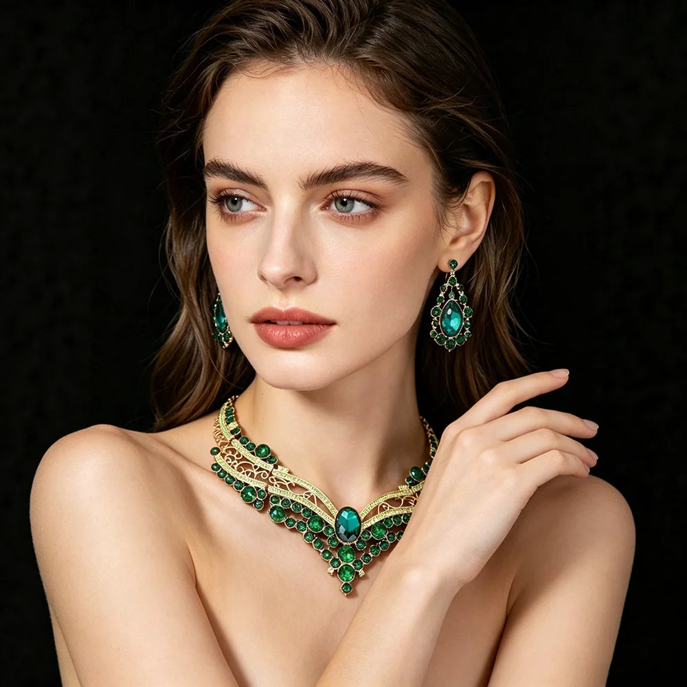 XM S370 Rose Gold Plated Princess Cut Zircon Floral Statement Necklace & Earrings Bridal Set