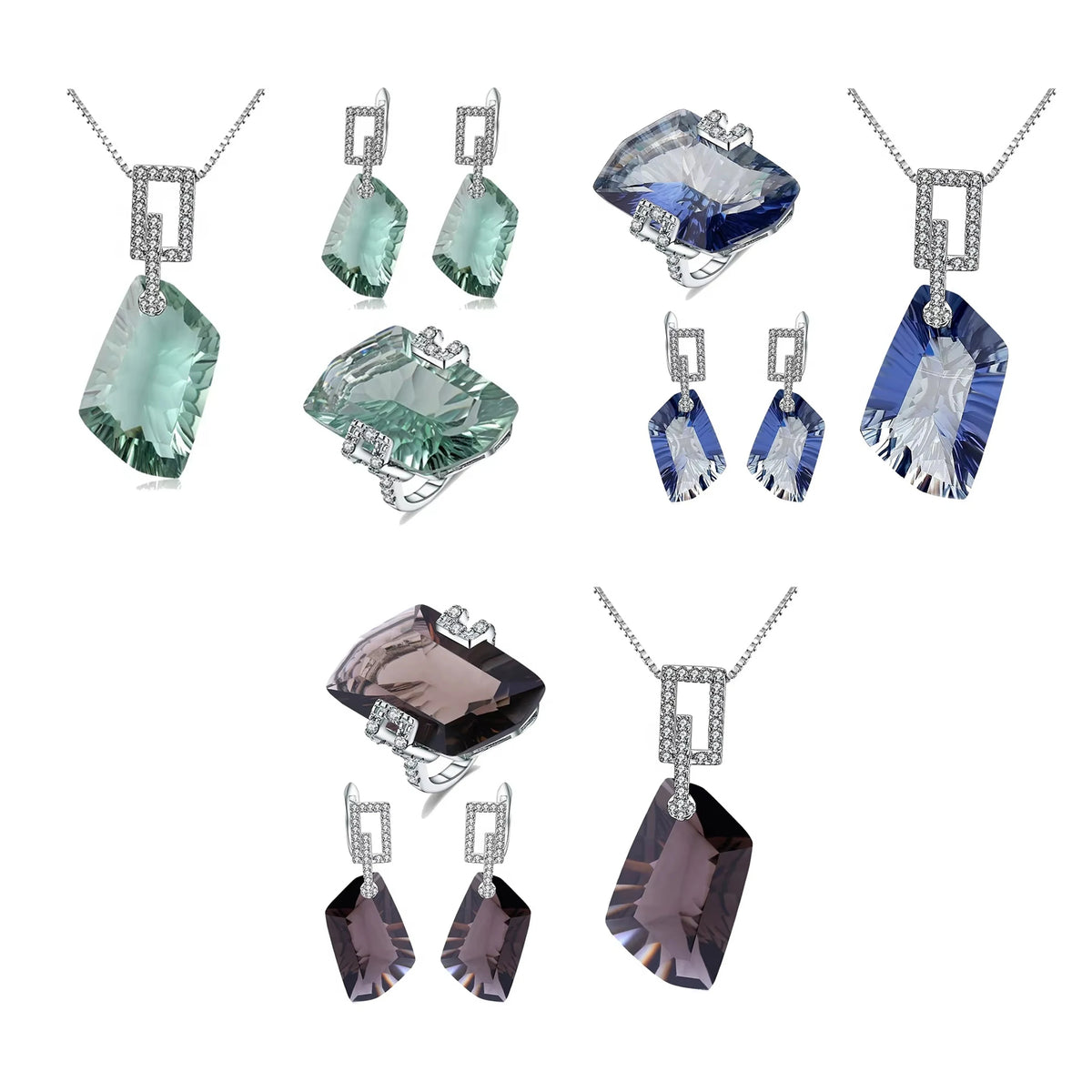 ArtistA Abiding Modern Luxury Big Stone Non Tarnish Natural Mystic Smoky Quartz Silver 925 Bridal Jewelry Set