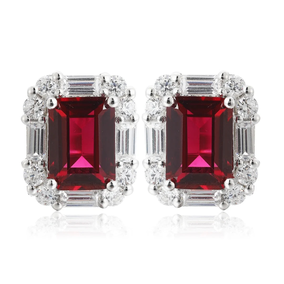 ArtistA S925 Silver Lab Grown Color Gemstone Paraiba Ruby Sapphire Stud Earrings Round White Lab Grown diamond Side Stones Luxurious