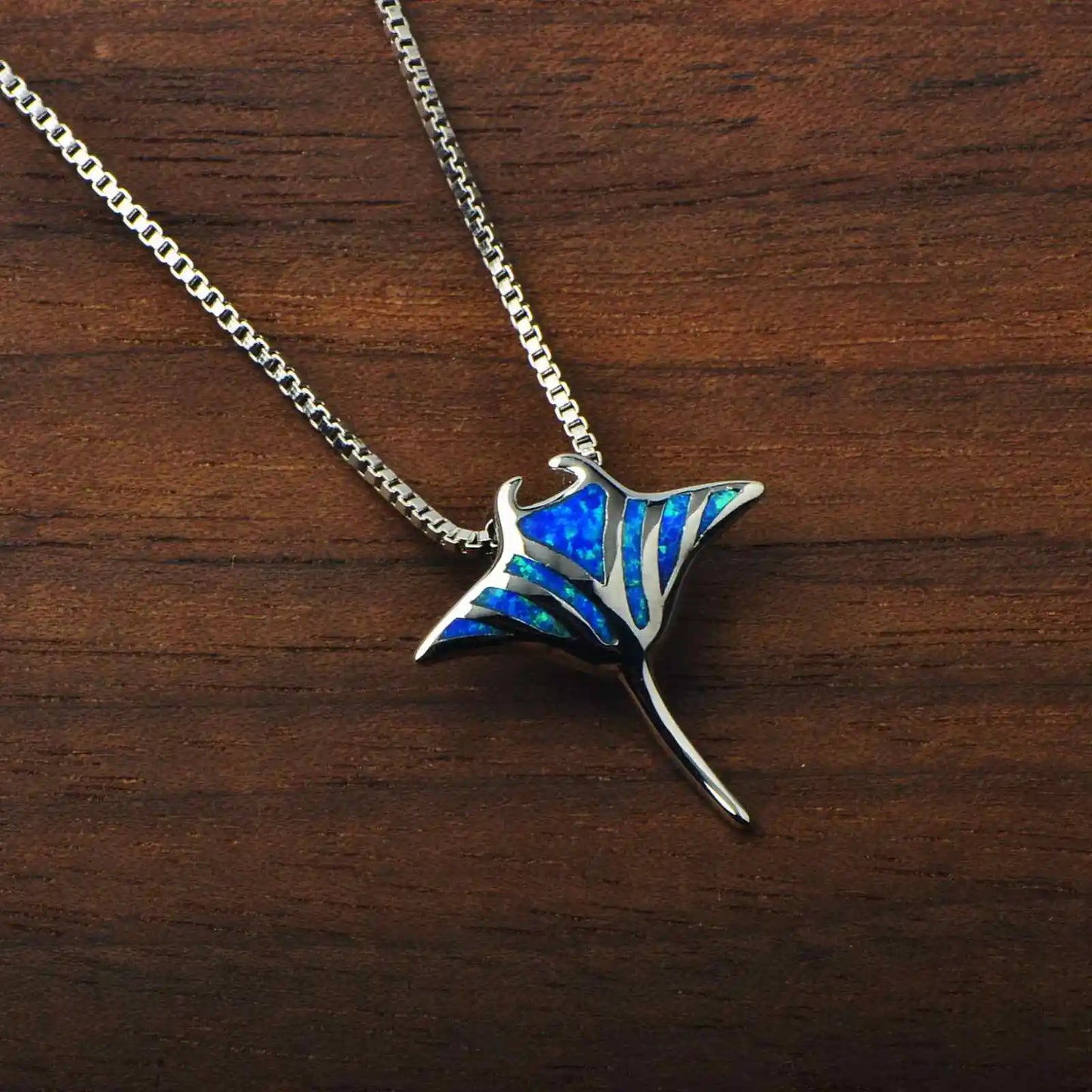 Trendy Marine Ray Opal Pendant Necklace-Blue Fire Opal Inlaid Copper Link Chain Stingray Design | Coastal Nature Bulk Gifts