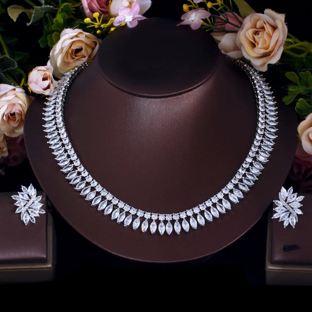 Sparking White Marquise Cut Cubic Zircon Choker Necklace and Earrings Wedding Bridal Super Luxury Jewelry Set for Women