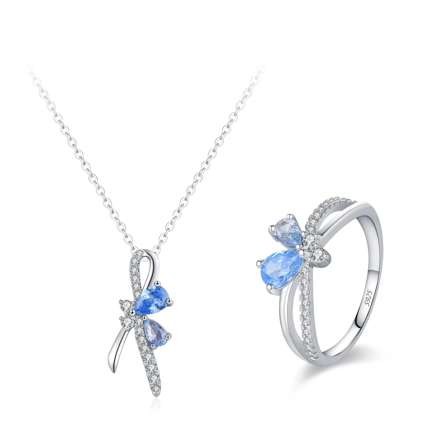925 Sterling Silver Temperament Bow Sea Blue Diamond Ring Collarbone Chain Niche High-end Jewelry Set Gift Set