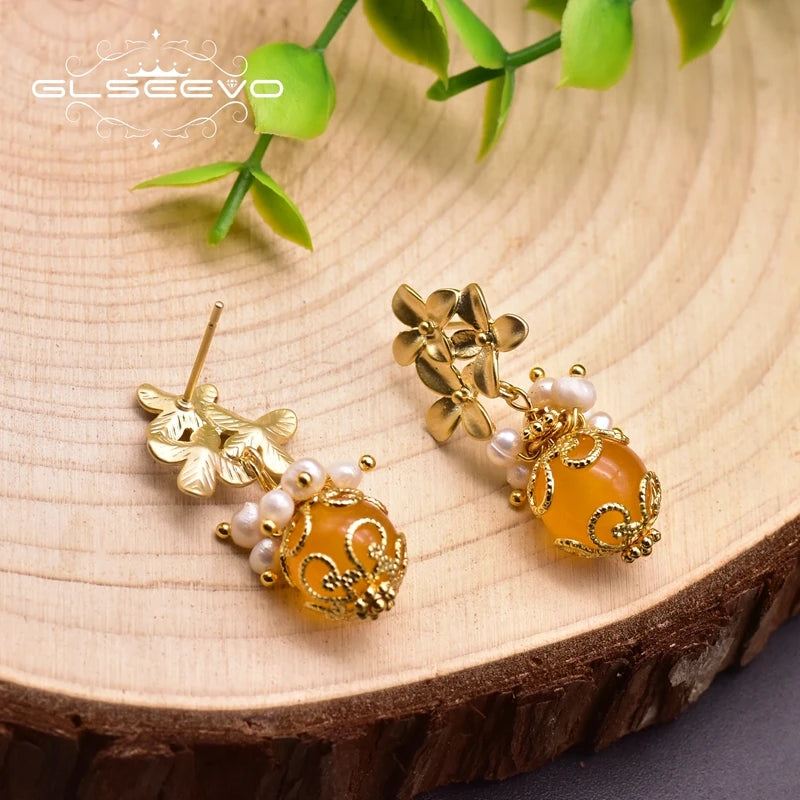 Natural Fresh Water Pearl Petals Shape Jade Drop  Earrings for Women New Fashion Vintage Wedding Yiwu Earrings Bulk Jewelry  "