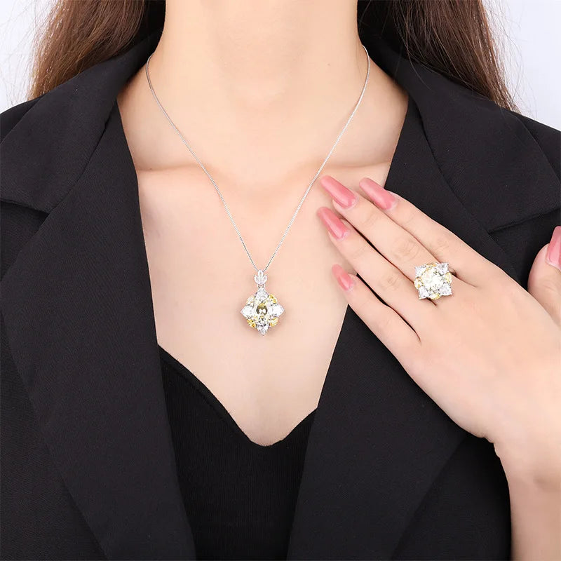 Gemfiori New Style Inlaid Yellow Zircon Pendant Fashionable and High-quality Living Ring Set Birthday Gift