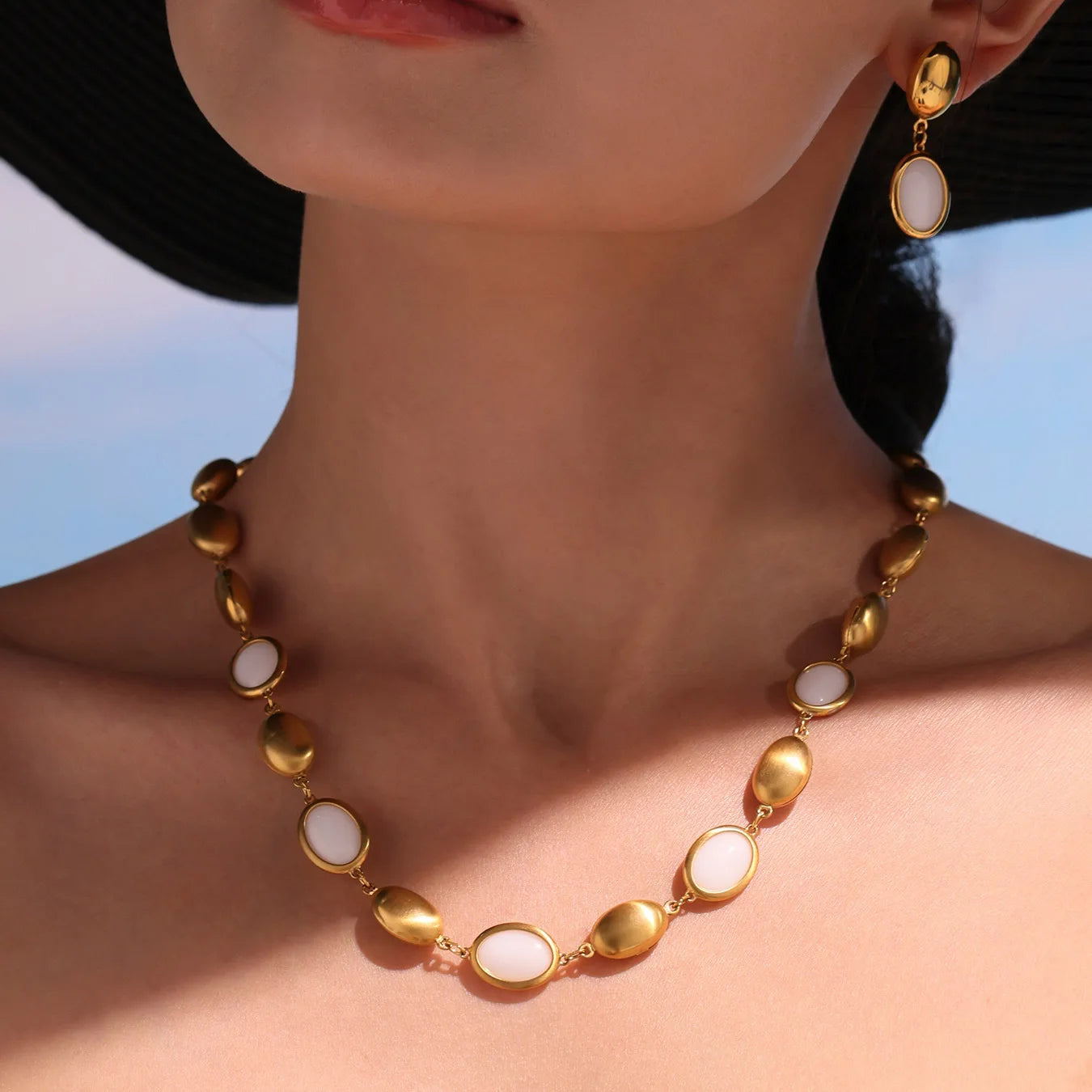 Natural Oval Opal Necklace, Bracelet & Earrings Jewellery Set | Bohemian Gold Plated Stainless Steel Set