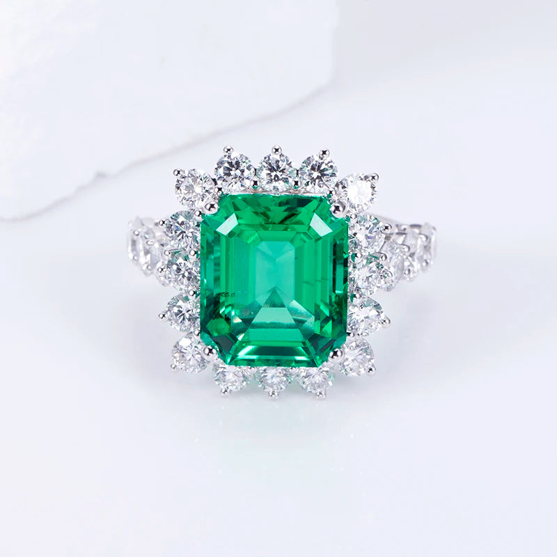 Gemfiori MSR-1510 18K White Gold Luxury Engagement Ring 11x13mm Emerald Cut Lab Emerald Stones Lab Grown Diamond Ring