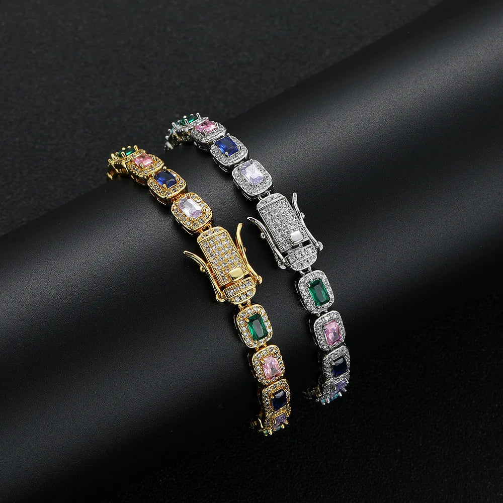 Hip-Hop Rap Big Gem Bracelet Fashion 5A Zircon Iced Out Real Gold Plated Necklace Chain Colorful Jewelry