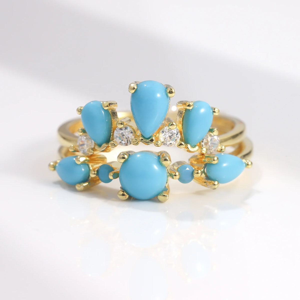 ArtistA Abiding Light Luxury Cluster Zirconia Synthetic Turquoise Gemstone 925 Silver Wedding Engagement Ring Set