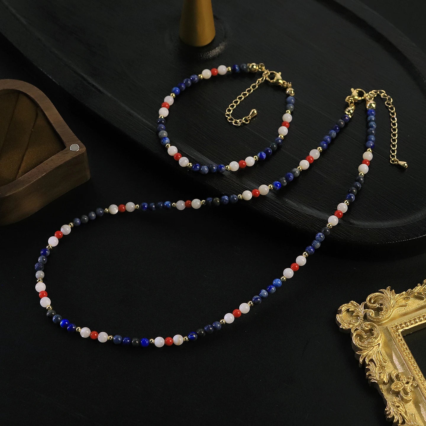GLSEEVO Natural Freshwater Pearl, Red Coral & Lapis Lazuli Beaded Necklace & Bracelet Set — Nautical Bohemian Jewellery