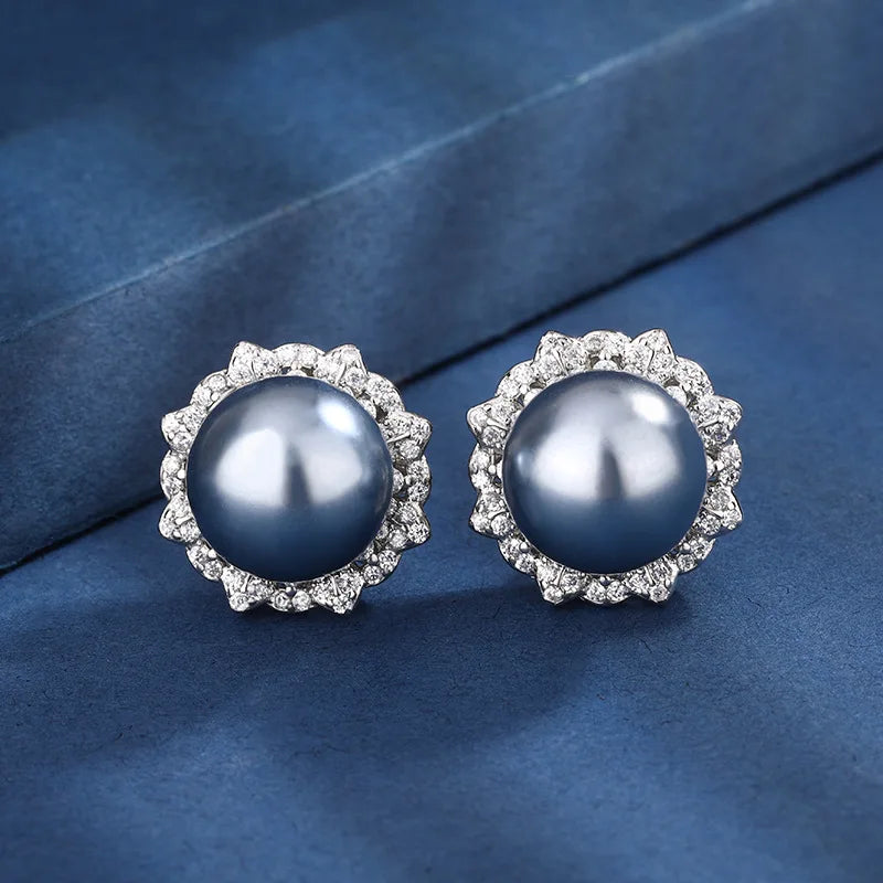 Fashion Eco-friendly Copper Gold Plated Earrings Set Round Cut 16-12mm Grey Shell Pearl Bridal Jewelry Set for Women