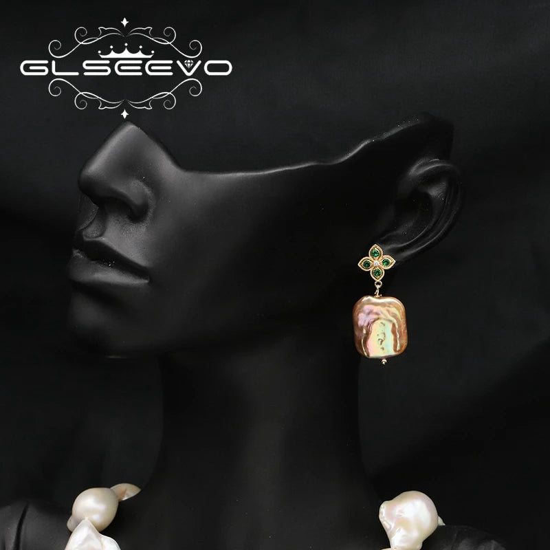 Emerald Flower Silver 925 Jewelry for Woman Geometric Purple Baroque Pearl Earring Korean Style Lady Birthday Eardrop