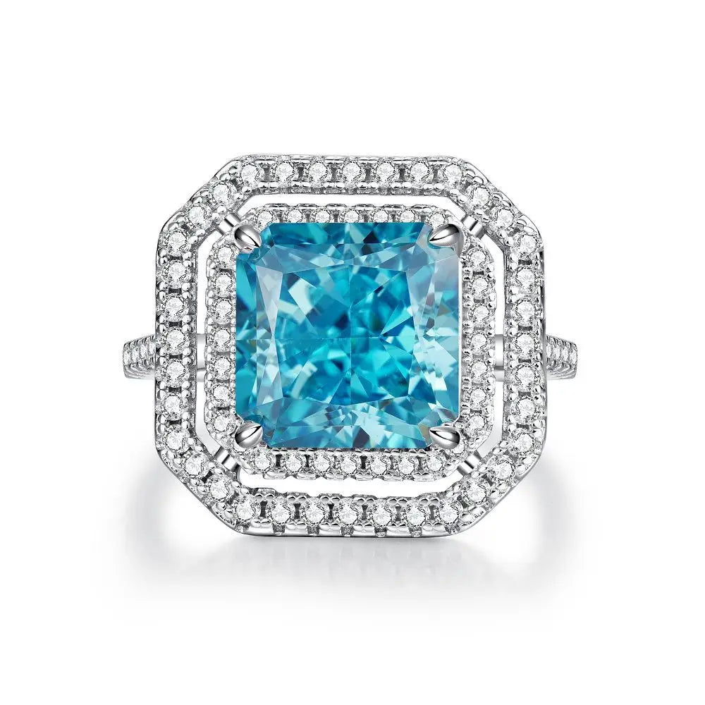 Waterproof Women 925 Sterling Silver Aquamarine 5A 8A Cubic Zirconia Ring Wedding Anniversary Rings Custom Jewelry Supplies