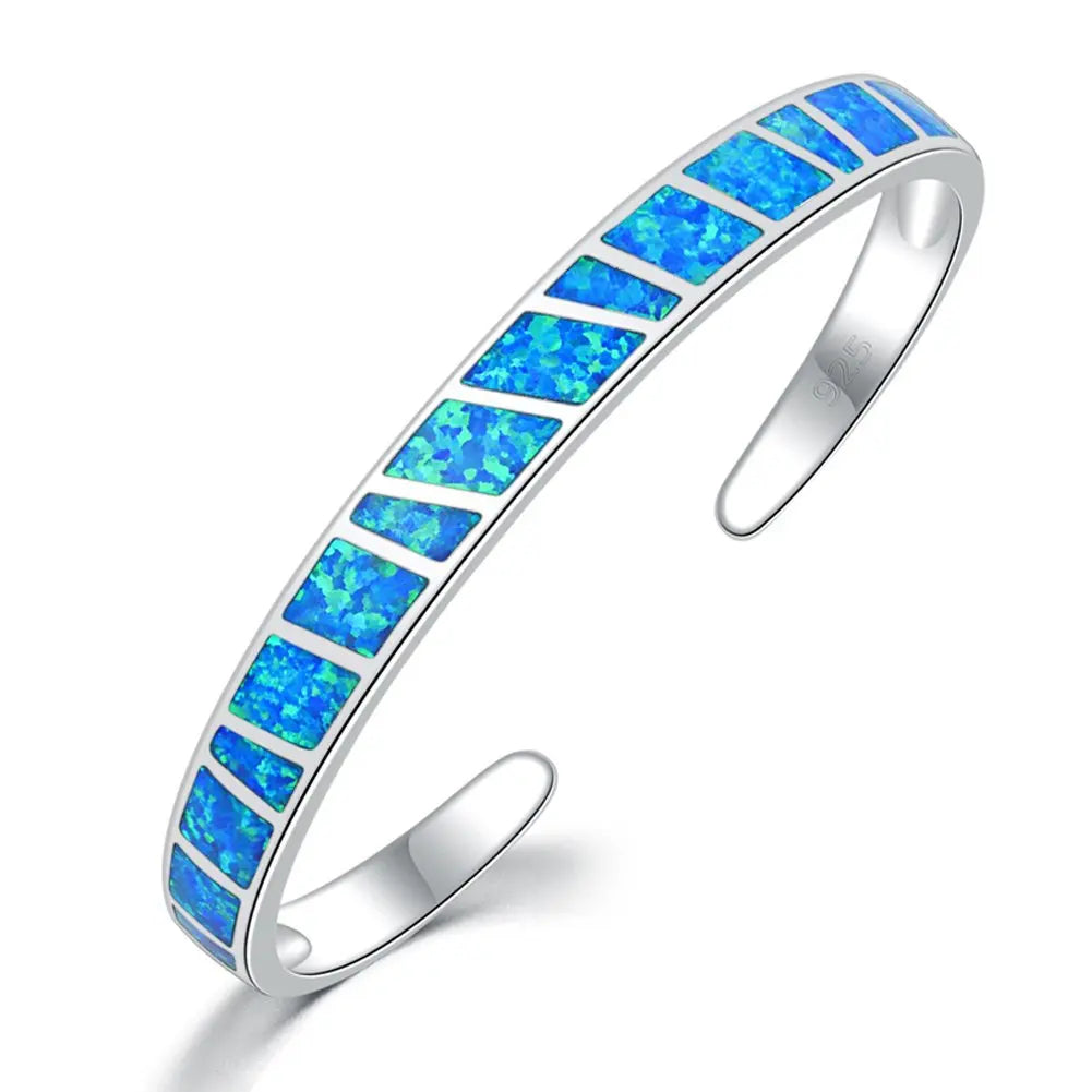 Opal Hawaii Style Blue Square Stripe Silver Plated Women's Cuff Bracelet Handmade Inlaid Opal Jewelry for Anniversary Wholesale