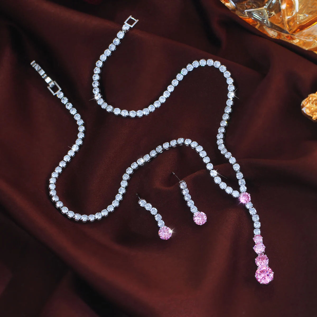 Charming CZ Jewelry Set Long Round Tennis Brilliant Cut Pink Zircon Necklace Earring Rhodium Plated CZ Women Wedding Jewelry Set