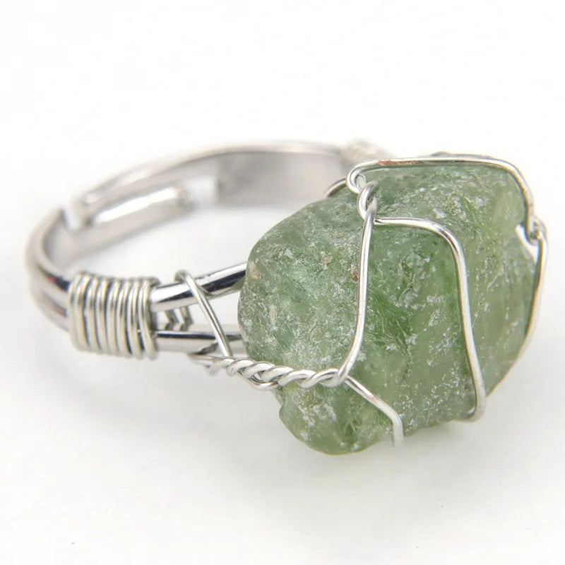 Men Women Large Stone Rings Wire Wrapped Crystal Resizable Gem Ring