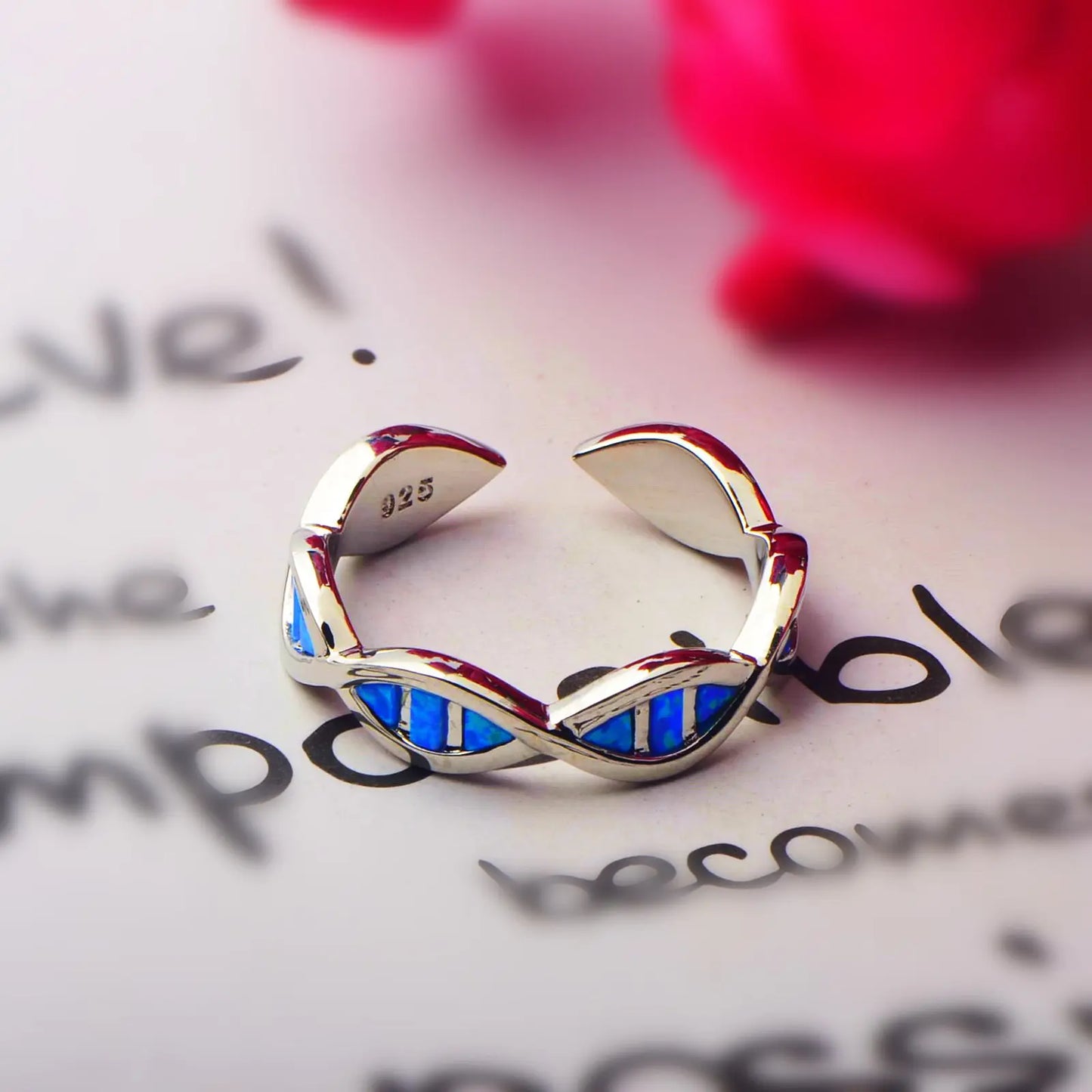 Science Style DNA Double Helix Open Ring | Blue Opal Inlay Stainless Steel Adjustable Finger Ring for Women Men Fashion Jewelry