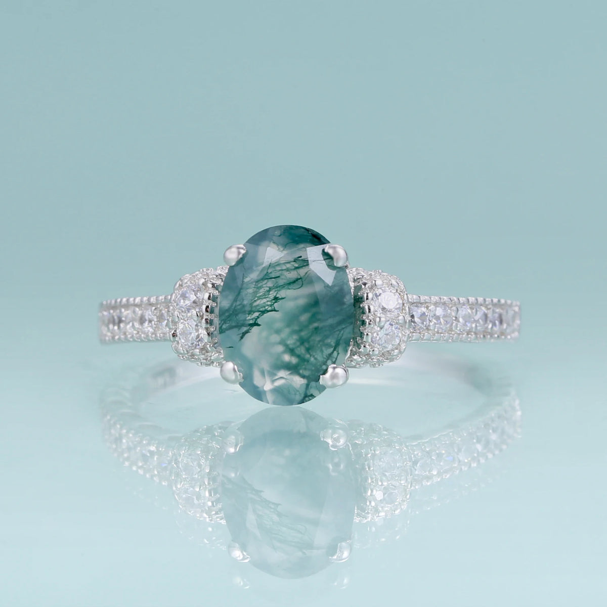ArtistA Abiding Plated Silver 925 Natural Stone Ring Fancy Cut Natural Inspired Moss Agate Engagement Ring for Anniversary Bridal