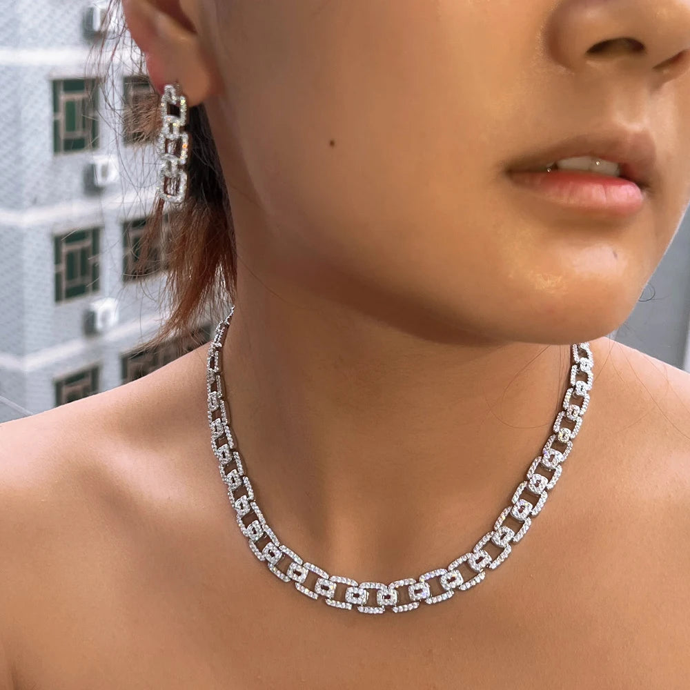 Wholesale 18k Gold Plated Cubic Zirconia Necklace and Earrings HipHop Cuban Chain Link Party Jewelry Sets for Women Men