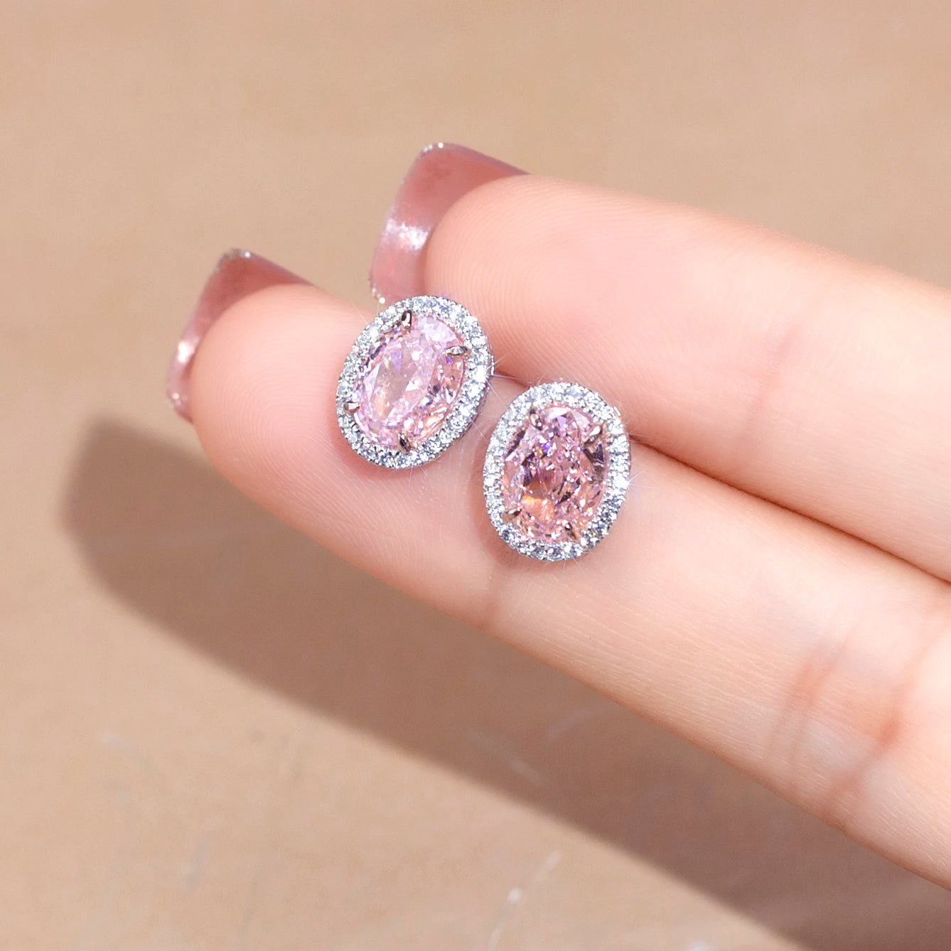 Messi Jewelry MSE-606  Oval Shape High Carbon Cubic Zirconia Pink  Earrings for Lover