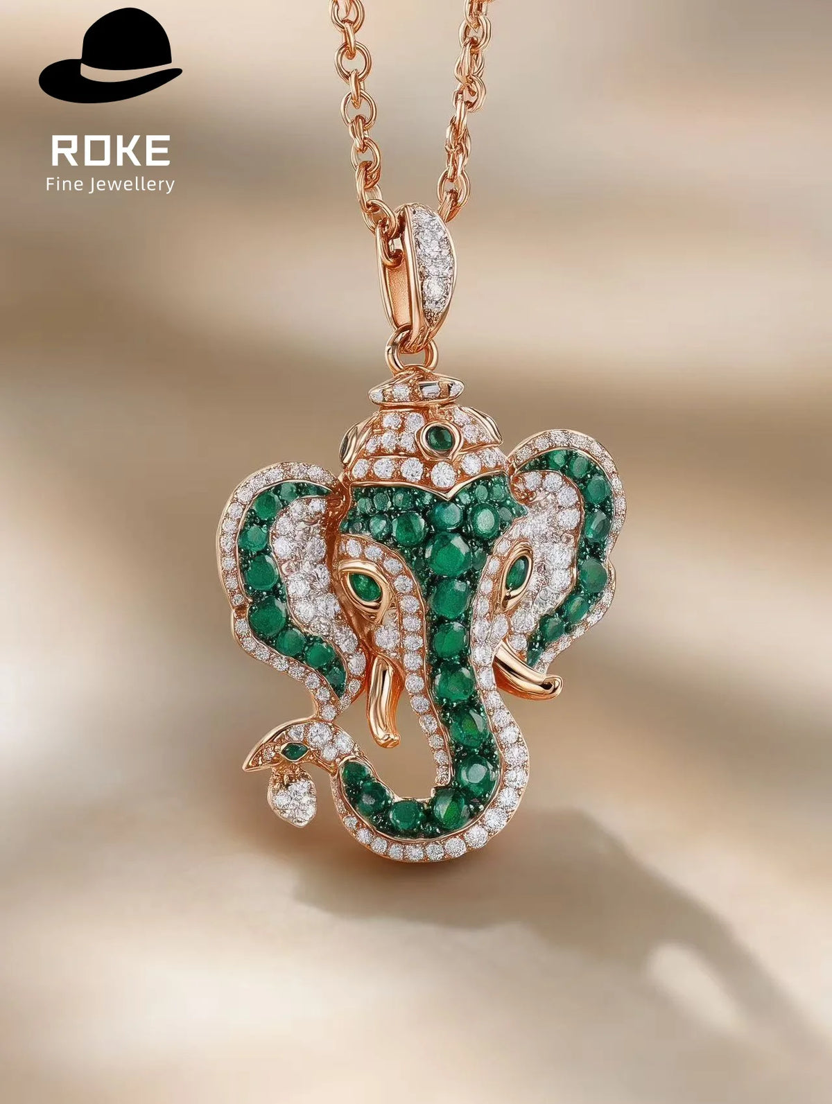Gemfiori Luxury Ganesha Pendant 9K-18K Gold W/ Tsavorite & Lab Diamonds - IGI Certified Cultural Jewelry