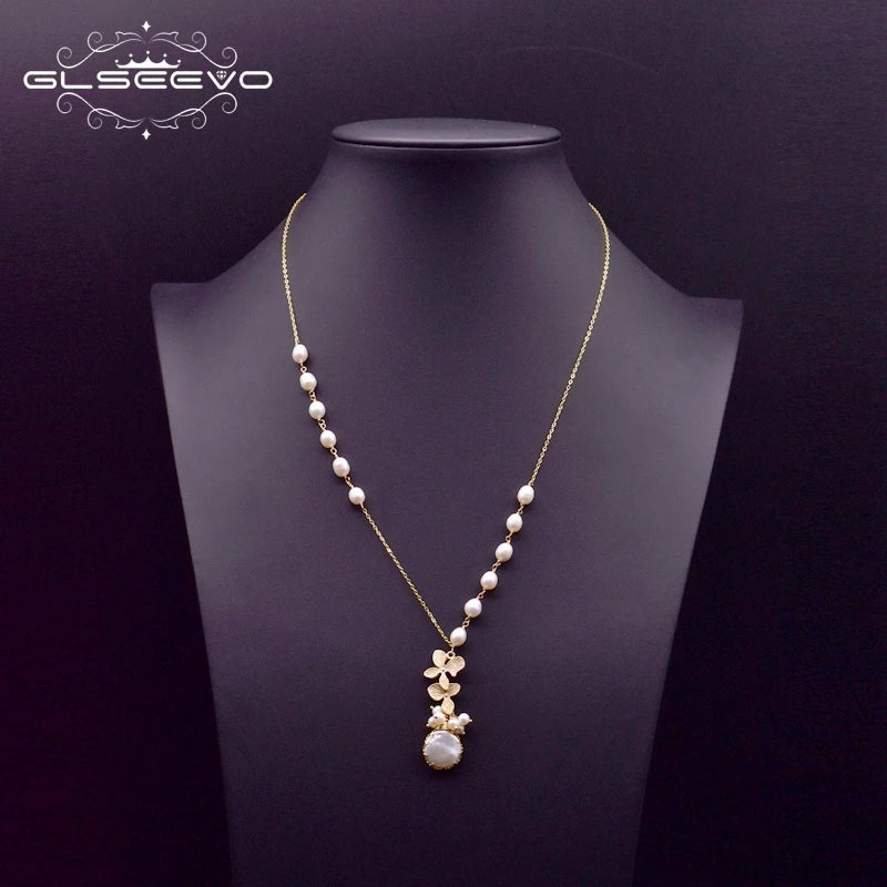 GLSEEVO Natural Freshwater Baroque Pearl & Gold Flower Leaves Jewellery Set — Necklace, Earrings & Bracelet