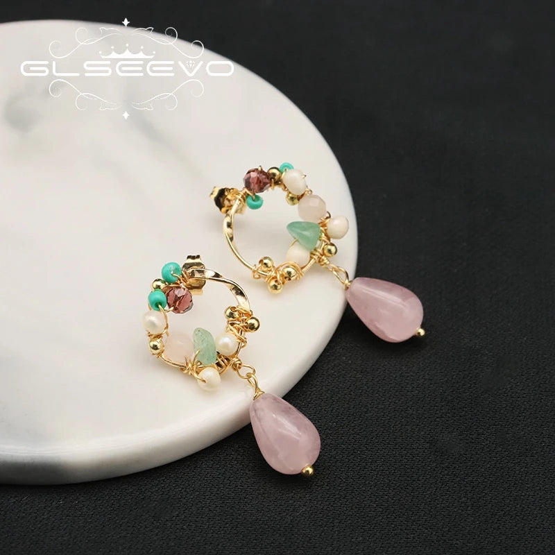 Trendy Pink Water Drop Pearl Earring Round Twine Korean Style Woman Ear Rings Vintage Jewelry Wedding Lady Gift
