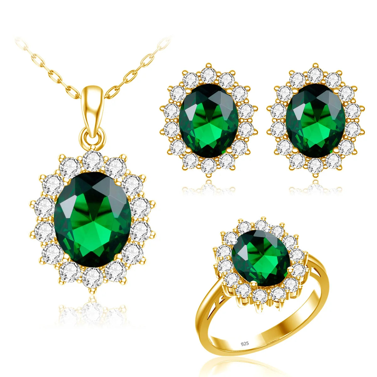ArtistA Luxury 925 Silver Exquisite Zircon Emeralds Jewelry Set Bridal Wedding Fine Gold Plated Silver Jewelry Set