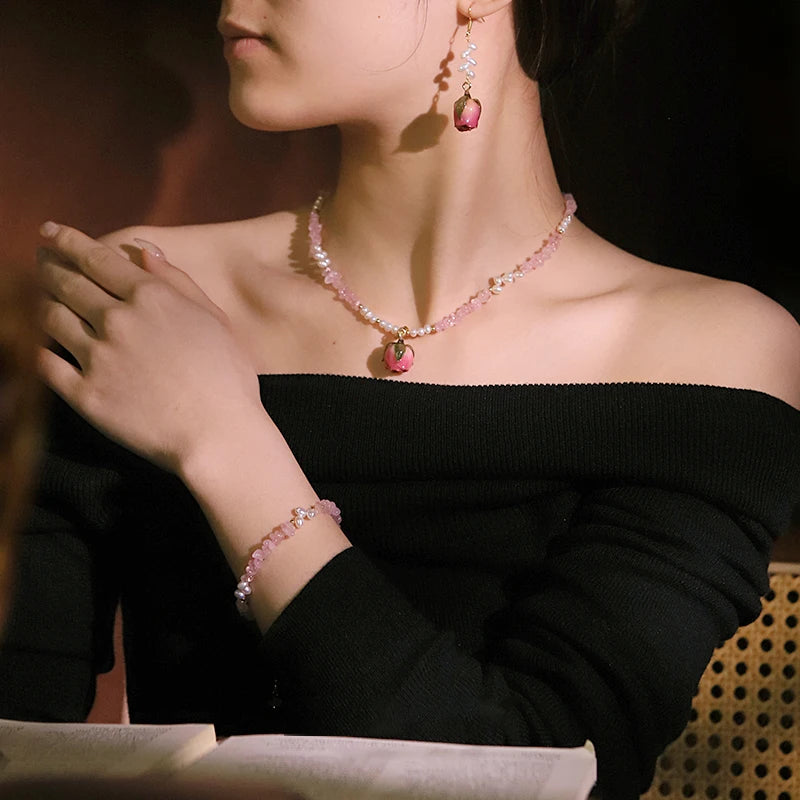 Natural Freshwater Pearl Pink Bud Jewelry Set for Women Daily Wear Dating Valentine's Day Pearl Jewelry Set Bohemian Jewelry