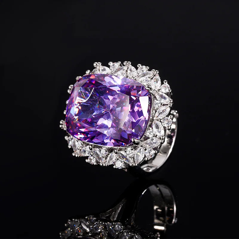 Gemfiori New Versatile Purple Zircon Temperament Pendant Set with Niche Design Ice Flower Princess square Earrings