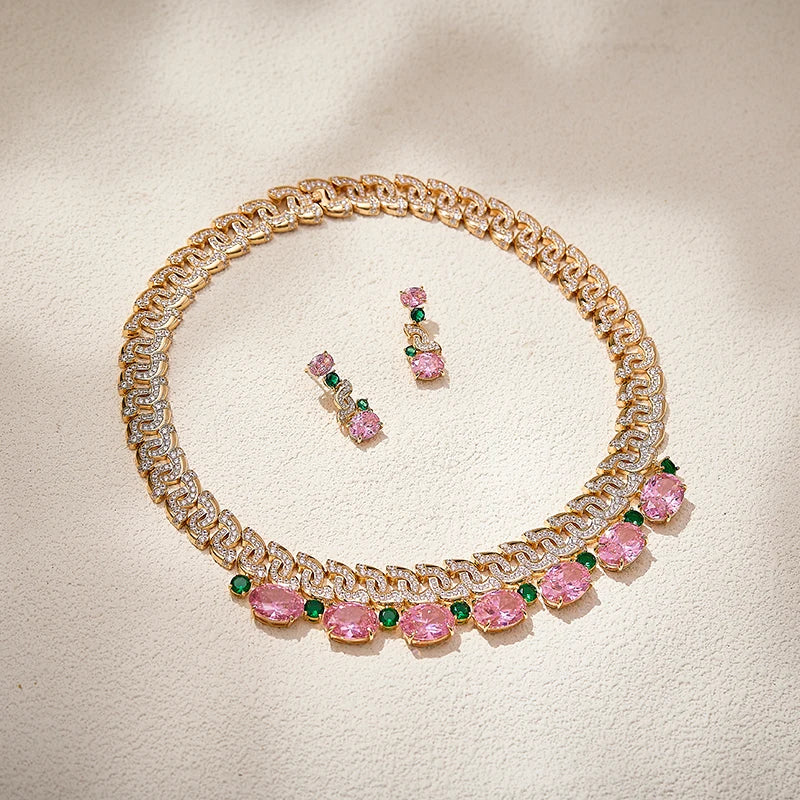 Exquisite Pink Zircon Bride Set S-shaped Full Diamond Necklace Earrings High End Customized Important Occasion Festival Jewelry