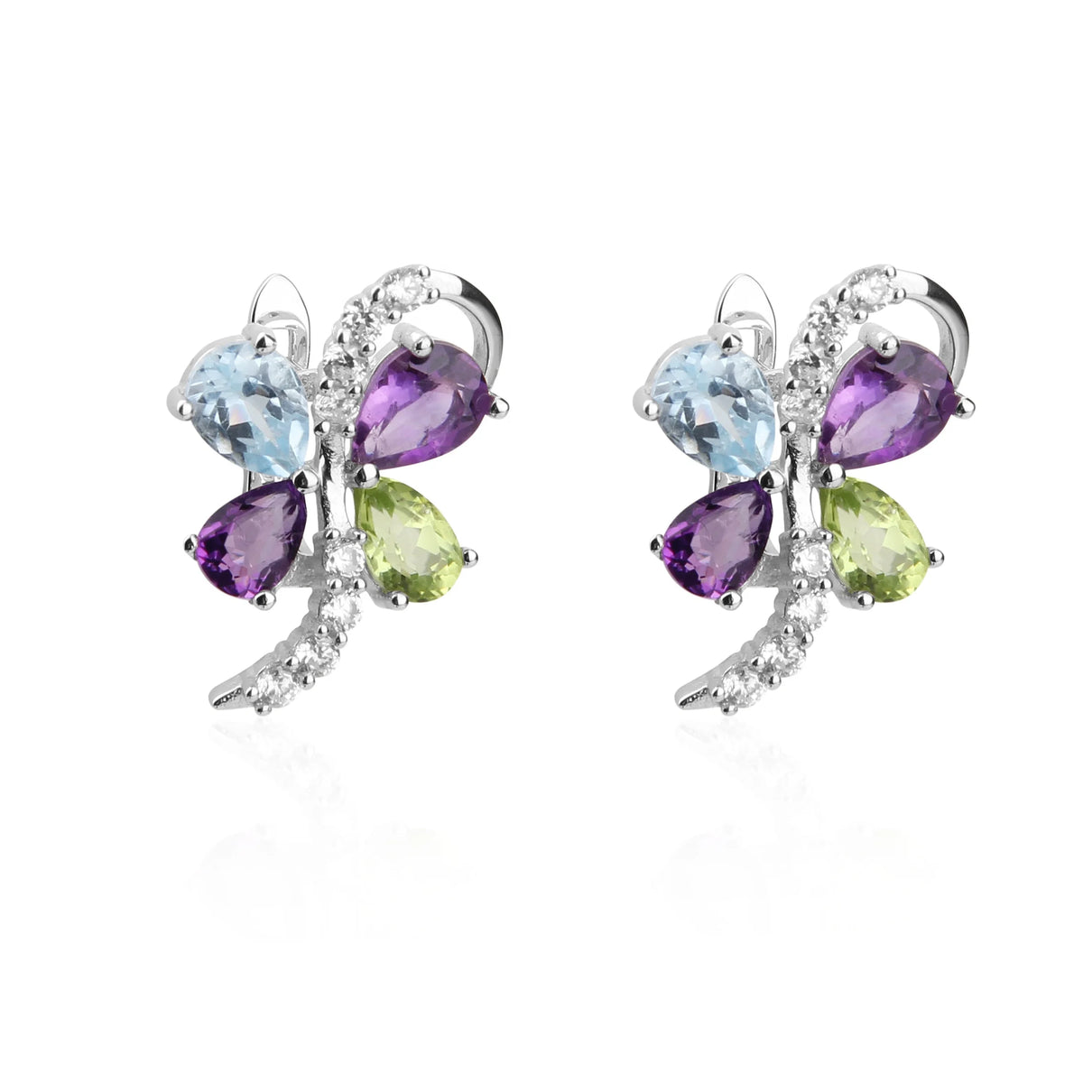 ArtistA F0333 Abiding Natural Stone Sky Blue Topaz Amethyst Peridot Mix Gemstone 925 Silver Cluster Butterfly Wedding Jewelry Set