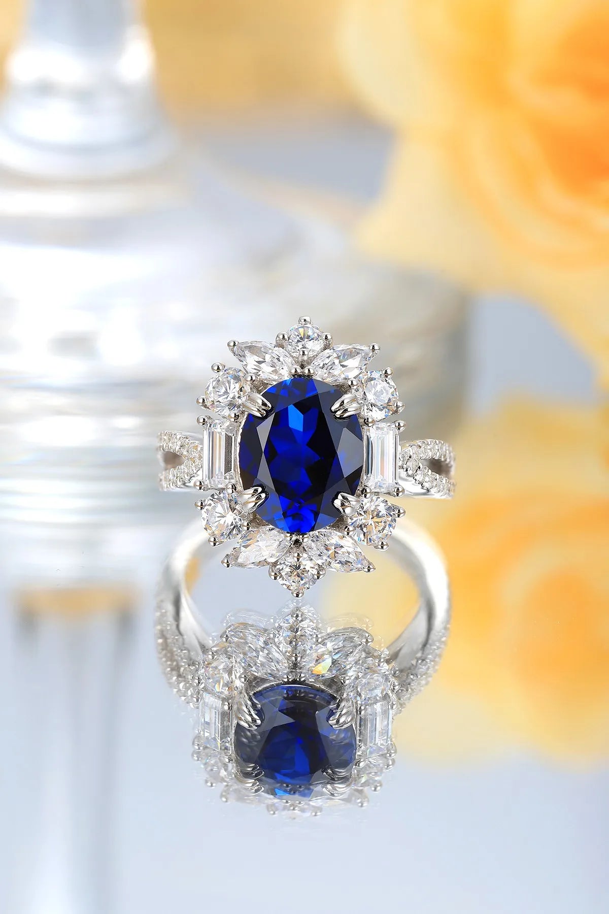 Gemfiori Jewelry Trendy High Quality S925 Silver Cultivated Sapphire Ring Unisex Engagement Ring for Wedding Party or Gift