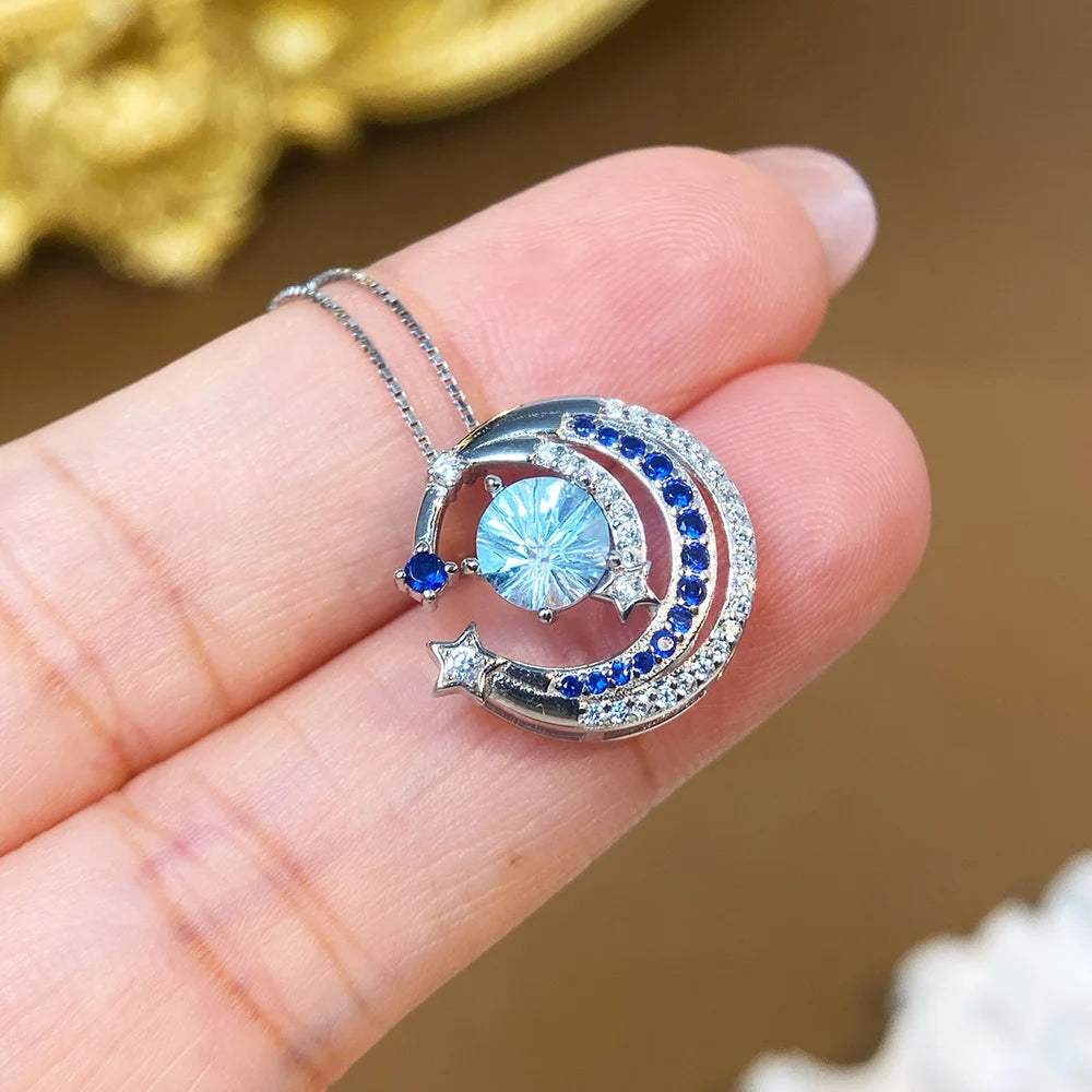 Gioiellieri Luxury Natural Sky Blue Crystal Necklace Round Fireworks Cut S925 Sterling Silver Gold Plated Rhodium Plated Charm Pendant Gift