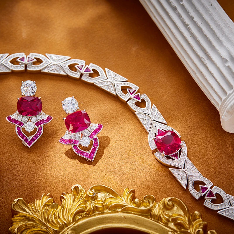 Red Fan-shaped Necklace Earring Set Brass Zirconia Women's Engagement Dress Jewelry Dubai Fashion Gift Accessories