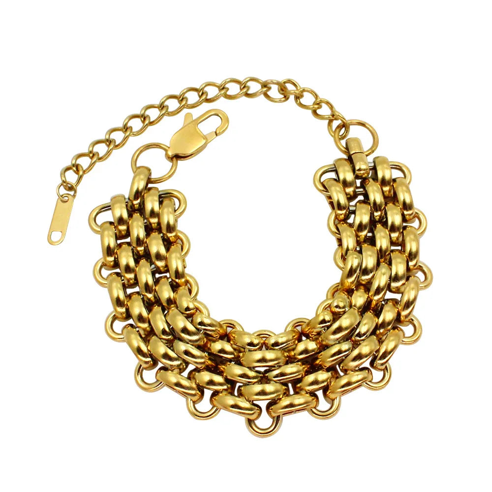 REBEL Hip Hop Fashion Jewelry Sets 18K Gold Stainless Steel Multilayer Woven Wide Chain Necklace and Bracelet Jewelry Sets for Women