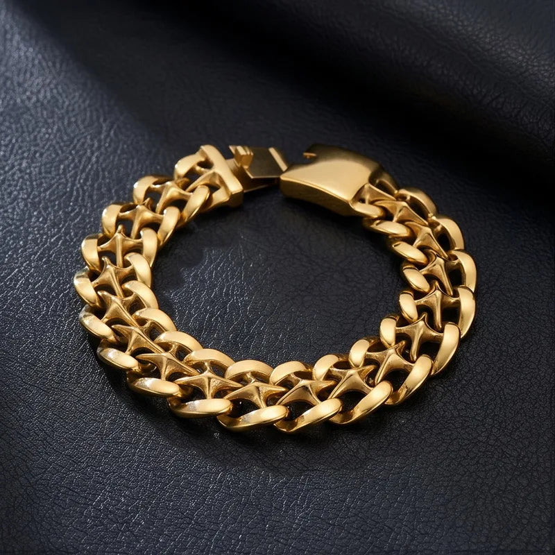Kalen Hip Hop Rock Street Hand Jewelry 19mm X Hollow Cuban Link Chain Domineering Stainless Steel Bracelet for Men