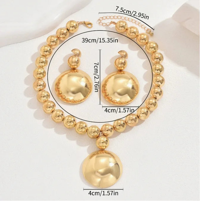 18K Gold Vintage Bead Power Necklace, Earrings & Ring Jewellery Set | High-End Pendant Fashion Set