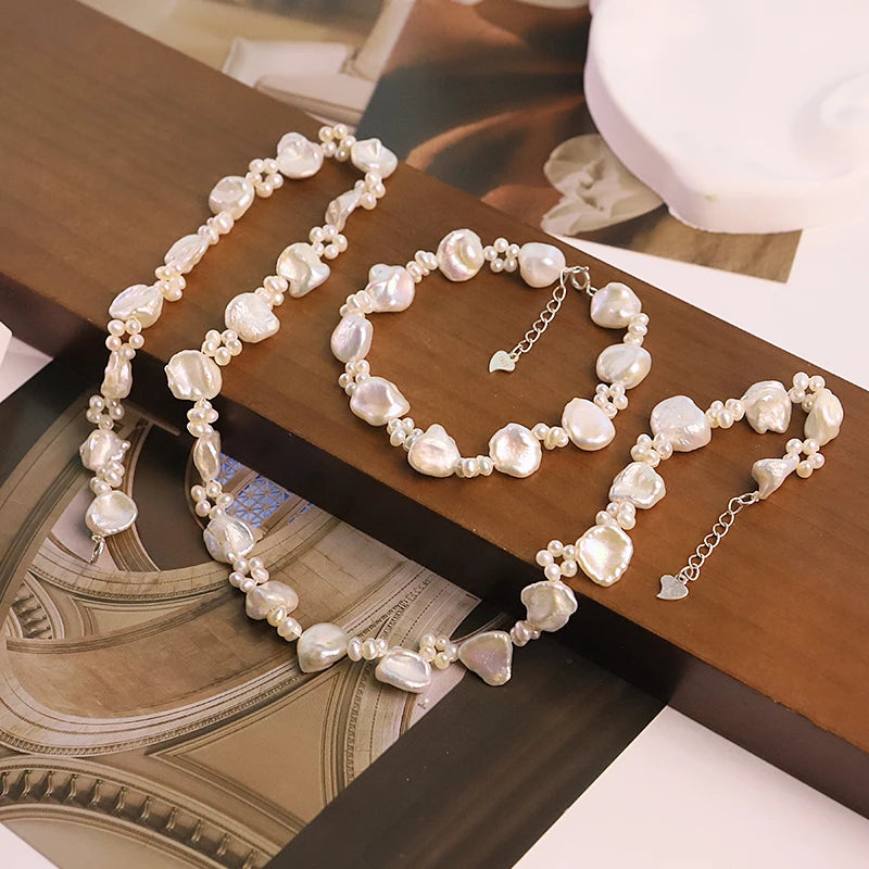 GLSEEVO  Natural Freshwater Pearl Flower Jewelry Set for Women Wedding Engagement Floral Pearl Necklace Bracelet Fashion Jewelry