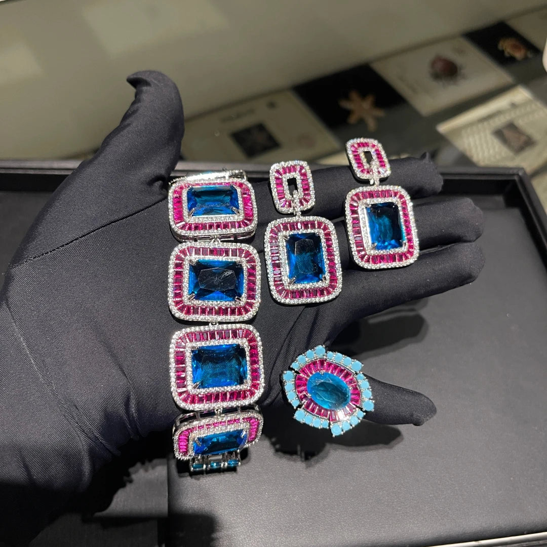 XOTICA TIANSHE Grace Jewelry Unique High End Luxury Brass Blue Zircon Crystal Bracelet Earrings Rings 3pcs Set