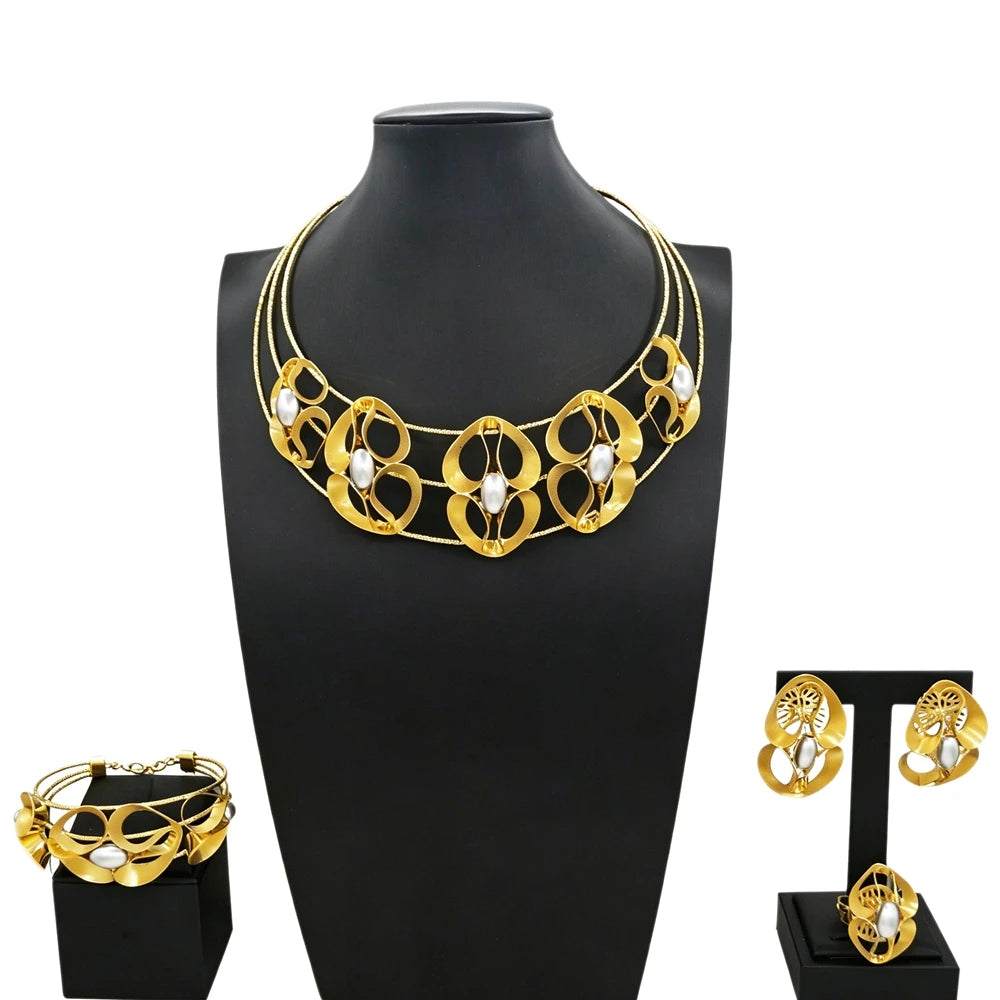 Zhuerrui Alloy Handmade Golden Jewelry Set with Openwork Metal and Multi Tone Pearls Includes Necklace Bangle Earrings and Ring